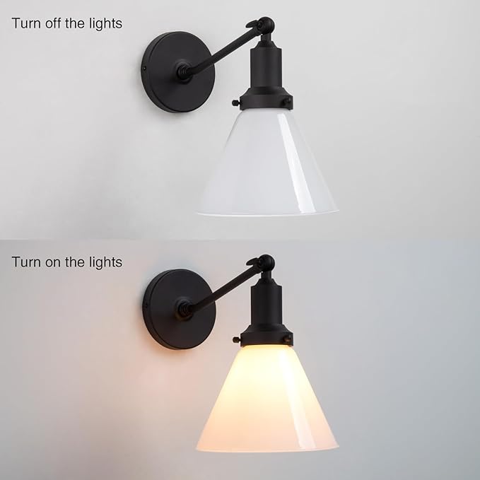 PERMO Industrial Vintage Slope Pole Wall Mount Single Sconce with Funnel Flared Milk White Glass Shade Wall Sconce Light Lamp Fixture Matte Black