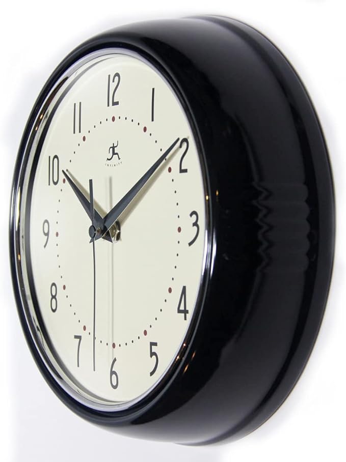 Infinity Instruments LTD. Retro 9 inch Silent Sweep Non-Ticking Mid Century Modern Kitchen Diner Wall Clock Quartz Movement Retro Wall Clock Decorative (Black)