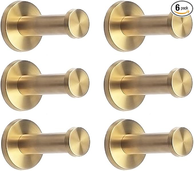 Golden Brushed Stainless Steel Single Super Heavy Duty Wall Mount Hook, Bath Towel Hooks, Coat Hanger 6 PCS (2-4/5 INCH)