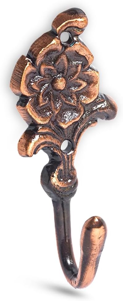 Multipurpose Hooks, Used to Hang Clothes, Bags, Coats, Curtain Hold Backs, Keys, Colour - Copper, Material - Brass, Flower Design, Screws and Wallplugs Included, Pack of 2 Pieces
