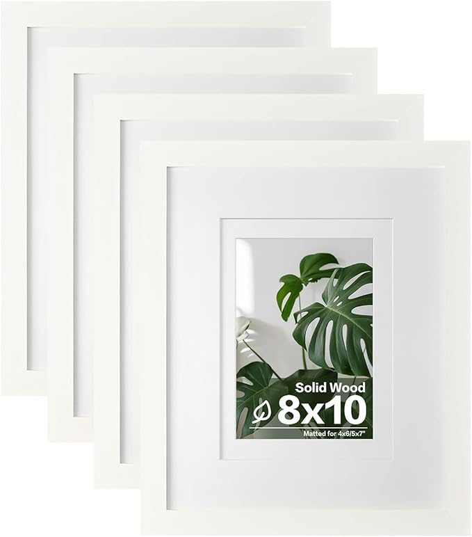 Egofine 8x10 Picture Frames 4PCS, Made of Solid Wood Display 4x6 and 5x7 with Mat Covered by Plexiglass, for Table Top Display and Wall Mounting Photo frame, White with Texture