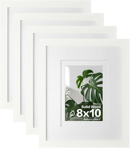 Egofine 8x10 Picture Frames 4PCS, Made of Solid Wood Display 4x6 and 5x7 with Mat Covered by Plexiglass, for Table Top Display and Wall Mounting Photo frame, White with Texture