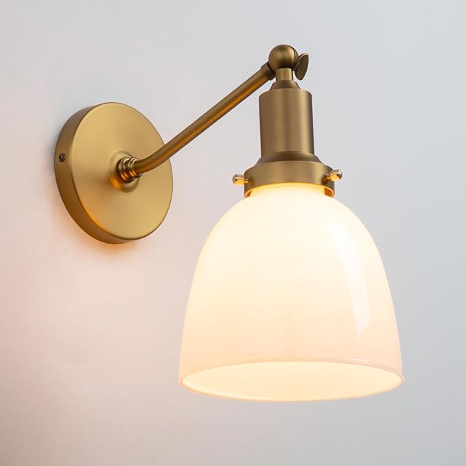 PERMO Industrial Vintage Slope Pole Wall Mount Single Sconce with 6.7" Oval Dome Milk White Glass Shade Wall Sconce Light Lamp Fixture