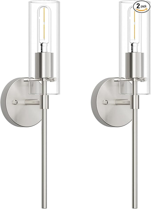 Wall Sconce Set of 2 Brushed Nickel Wall Light, Bathroom Vanity Light Fixture Modern Indoor Wall Light with Clear Glass Shade for Bathroom Bedroom Living Room Hallway Vanity