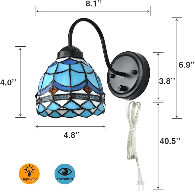 Tiffany Bedside Wall Mount Lamp with Dimmable Switch, Industrial Vintage Gooseneck Wall Sconce with Plug in Cord, Wavy Blue Stained Glass Shade Wall Light Perfect for Bedroom, Living Room