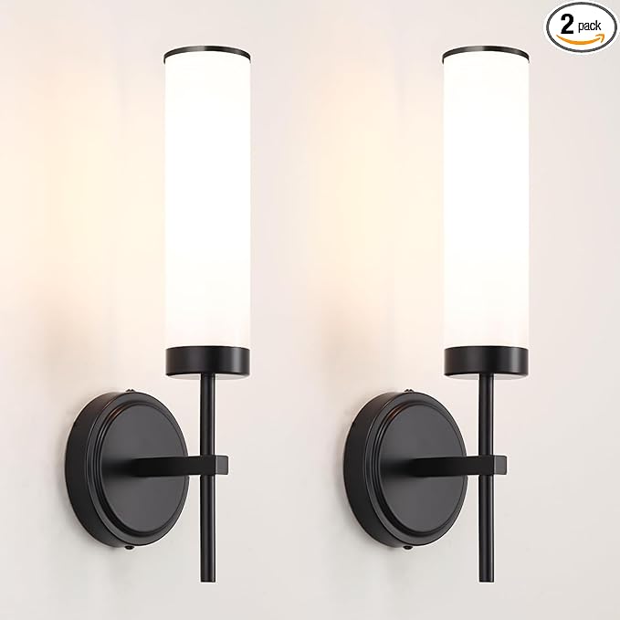 Matte Black Wall Sconces Set of 2, Modern Bathroom Sconces Wall Lighting with Opal White Glass, Vanity Light Fixtures for Bathroom, Wall Mount Lights for Living Room Bedroom Hallway, Hardwired