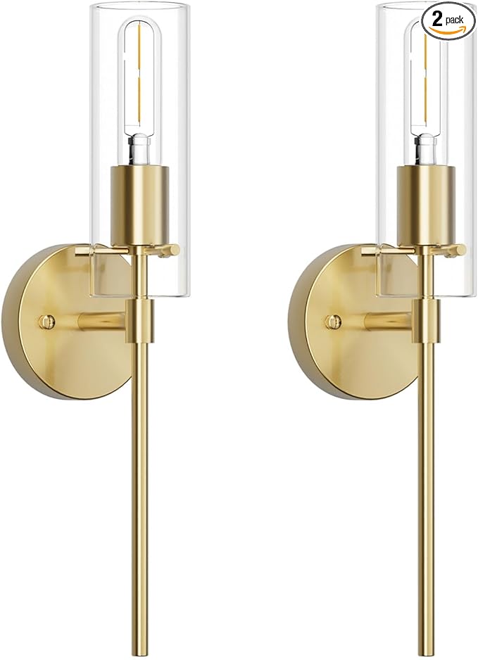 Wall Sconce Set of 2 Brass Wall Light, Farmhouse Vanity Light Fixture Modern Indoor Wall Light with Clear Glass Shade for Bathroom Bedroom Living Room Hallway Vanity