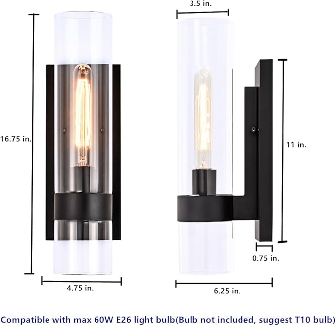 Indoor Wall Sconces Set of Two, Modern Black Bathroom Sconces Wall Decor with Cylinder Glass, Wall Lamps for Bedroom Hallway Vanity Kitchen Lighting Fixtures Set of 2