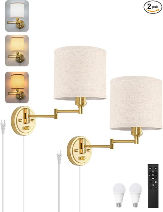 Plug in Wall Sconces with Remote Control, Dimming & Adjustable Colors 2700K-6500K, Hardwire or Plug-in, Swing Arm Wall Lamp with Linen Fabric Shade, Wall Sconces Set of Two, Gold Finish