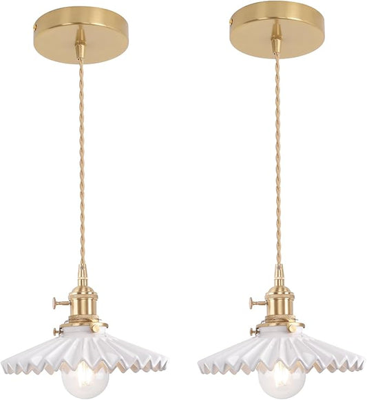 Pendant Light 2 Pack with White Pleated Ceramic Lmapshade, Brass Vintage Pendant Light Adjustable Hanging Light for Kitchen Island Dining Room Hallway