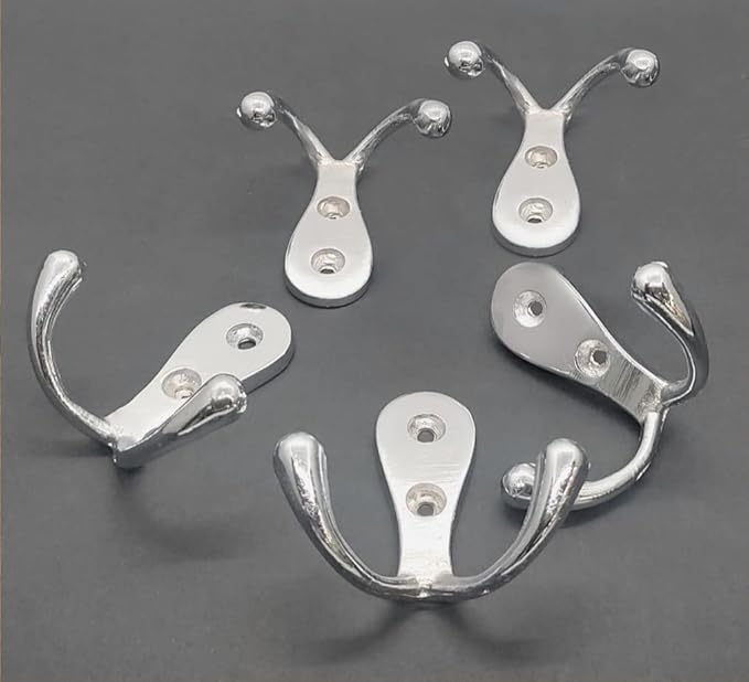 Multipurpose Hooks, Used to Hang Clothes, Bags, Coats, Curtain Hold Backs, Keys, Colour - Silver, Material - White Metal, Screws and Wallplugs Included, Pack of 10 Pieces