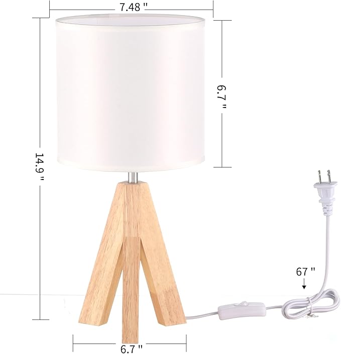 Table Lamp,Small Tripod Desk Lamp with Linen Fabric Lampshade,14.9",Tri-Color 5W Wooden Table Lamp for Living Room,Kids Room,Nursery (White)