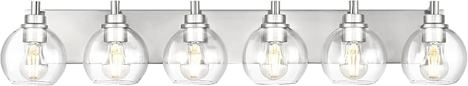 Bathroom Light Fixtures, 6 Light Brushed Nickel Vanity Light, 38 Inch Modern Wall Sconces with Globe Clear Glass Shade, Vanity Lighting Fixtures Over Mirror, VL195-BN-6