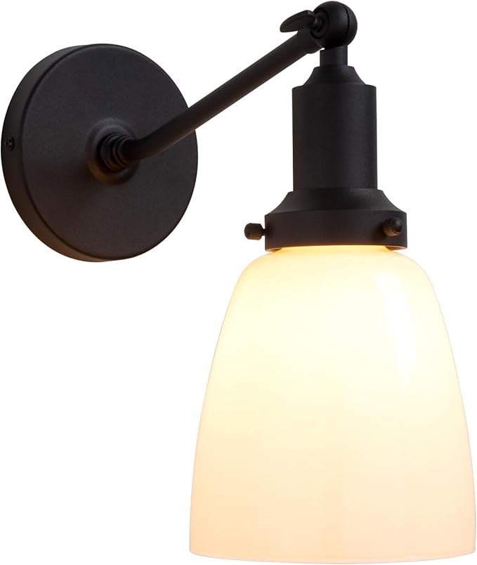 PERMO Industrial Vintage Slope Pole Single Sconce with 5.5" Oval Dome White Glass Shade Black Wall Sconce Wall Mount Light Lamp Fixture
