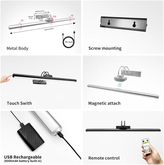 26" Wireless Picture Lights, Rechargeable Battery Art Display Light with Remote Control, Dimmable/Timer Off Dartboard Light, 3 Lighting Modes Full Metal Painting Display Lights (Nickel-1 Pack)