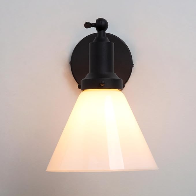 PERMO Industrial Vintage Slope Pole Wall Mount Single Sconce with Funnel Flared Milk White Glass Shade Wall Sconce Light Lamp Fixture Matte Black