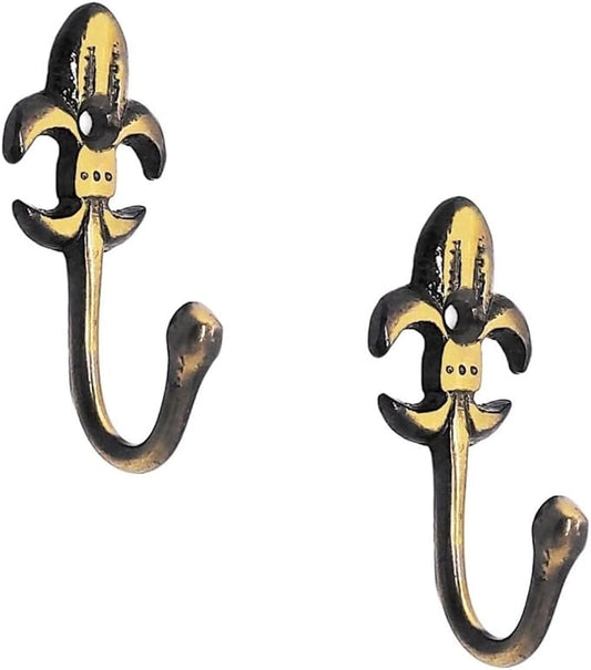 Multipurpose Hooks, Used to Hang Clothes, Bags, Coats, Curtain Hold Backs, Keys, Colour - Antique Gold, Material - Brass, Royal Design, Screws and Wallplugs Included, Pack of 2 Pieces