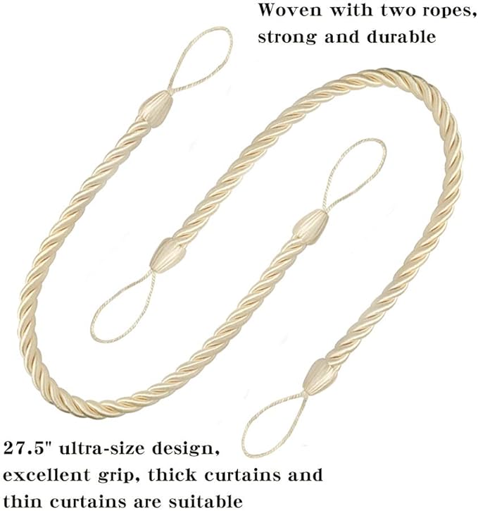 BEL AVENIR Curtain Rope Tiebacks, Drapery Rope Holdbacks with 4 Metal Screw Hooks (Beige, 4pack)