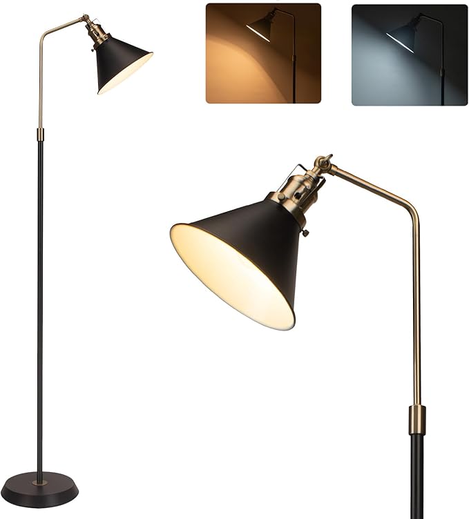 Industrial Floor Lamp, 58'' Black Floor Lamp Design, Adjustable Head Vintage Metal Standing, Tall Simple Corner Lamp, Floor Lamps for Living Room, Bedroom, Office, Couch