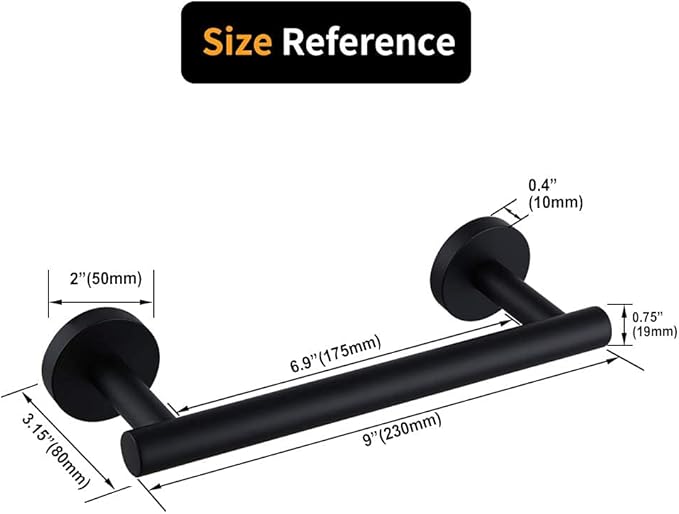 9-Inch Matte Black Hand Towel Bar SUS 304 Stainless Steel Towel Rack Holder for Bathroom Wall Mount