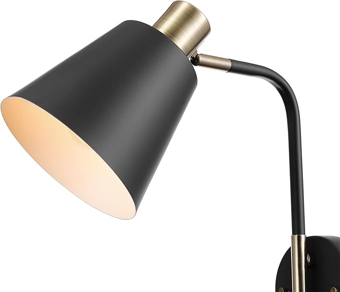 GLOBE Electric 51374 Cleo 1-Light Plug-in or Hardwire Wall Sconce, Matte, Antique Brass Accents, Black Cloth Cord, 14.44