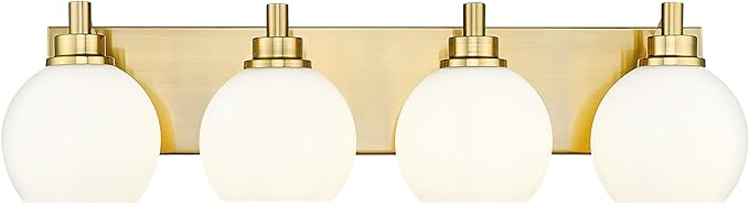 Bathroom Light Fixtures, 4 Light Brushed Gold Vanity Light, 26 Inch Modern Wall Sconces with Globe Milk White Glass Shade, Vanity Lighting Fixtures Over Mirror, VL195-BG-ML-4