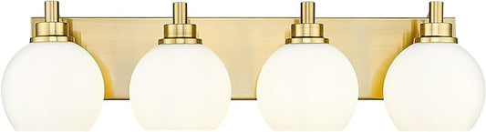 Bathroom Light Fixtures, 4 Light Brushed Gold Vanity Light, 26 Inch Modern Wall Sconces with Globe Milk White Glass Shade, Vanity Lighting Fixtures Over Mirror, VL195-BG-ML-4