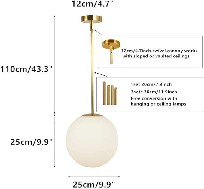 Globe Pendant, Matte White Glass with Brass Finish, One Light Pendant Hanging Modern Light Fixture (25cm/ 10inch Lampshade)