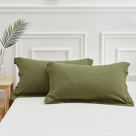 Simple&Opulence 100% Linen Pillow Case King Size Set of 2, Olive Green Pillow Covers with Overlap Closure, Luxury Breathable Pillowcases Protectors Suitable for All-Season (20" X 36", Olive Green)