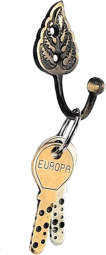 Multipurpose Hooks, Used to Hang Clothes, Bags, Coats, Curtain Hold Backs, Keys, Colour - Antique Gold, Material - Brass, Leaf Design, Screws and Wallplugs Included, Pack of 4 Pieces