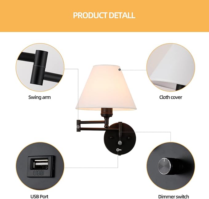 Swing Arm Wall Sconces, Plug-in Wall lamp,Bedroom Wall lamp ， White Fabric Shade，，with dimmable Switch and USB Charging Port, Suitable for Bedside, Living Room, Reading (Black)