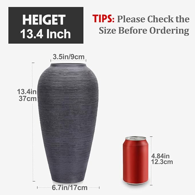 Rustic Farmhouse Flower Vase - 13.4 Inch Large Black Ceramic Vase for Modern Farmhouse Decor, Centerpiece, Dining Table, Entryway, Living Room