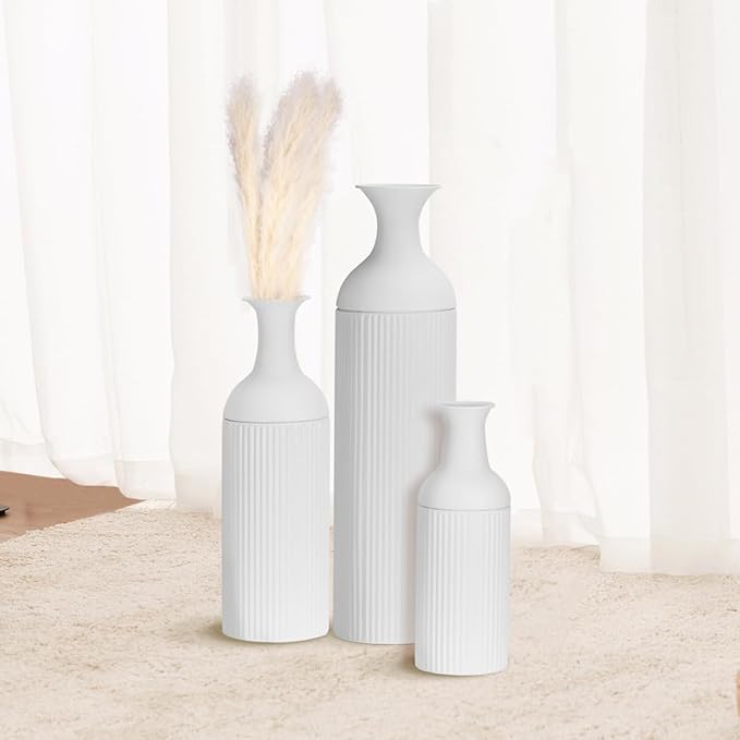 Large Metal Floor Vases Set of 3, 27'' 20'' 16'', White Tall Flower Vase for Pampas Grass, Decorative Big Vases for Hallway Corner, Floor Decor for Living Room