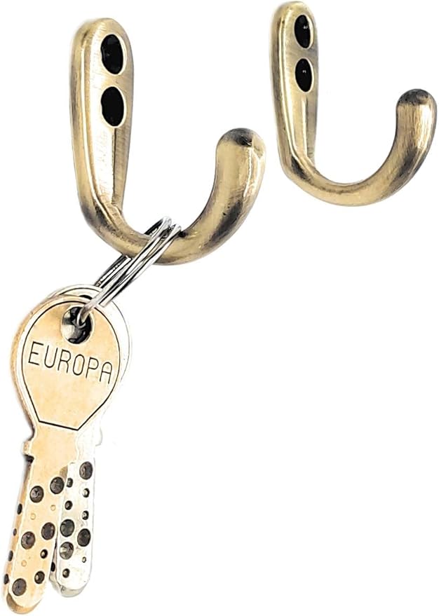 Multipurpose Hooks, Used to Hang Clothes, Bags, Coats, Curtain Hold Backs, Keys, Antique Gold Colour, Material - White Metal, Screws and Wallplugs Included, Pack of 10 Pieces