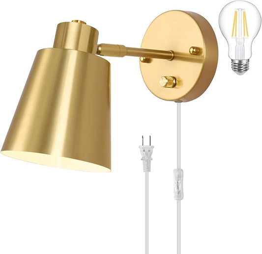 Dimmable Wall Sconce, Plug in Wall Sconce Adjustable Angle Wall Lights with Plug in Cord and Dimmer On/Off knob Switch, Gold Wall Mounted Light for Bedside Bedroom Doorway(1 Pack, 1 Bulb)