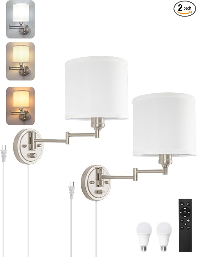 Plug in Wall Sconces with Remote Control, Dimming & Adjustable Colors 2700K-6500K, Hardwire or Plug-in, Swing Arm Wall Lamp with White Fabric Shade, Wall Sconces Set of Two, Brushed Nickel Finish