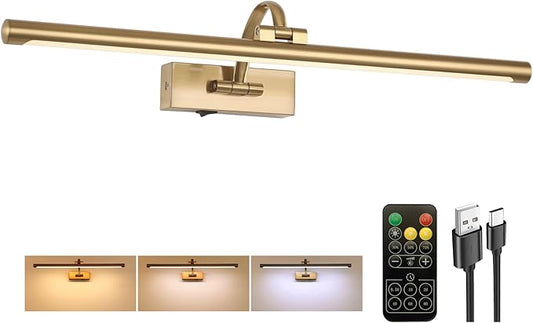 Picture Light Battery Operated with Remote, 3CCT Dimmable Picture Light for Paintings, Brass Rechargeable 24 inch Battery Operated Wall Sconce for Art Lighting Gallery Portrait Artwork