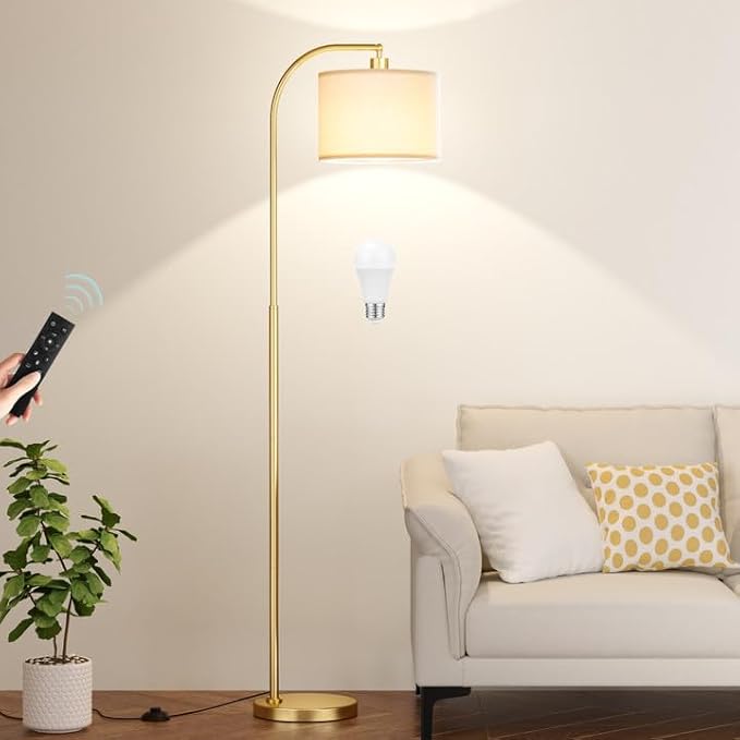 Arc Floor Lamp with Remote and Stepless Dimmable Bulb, Colors Temperature & Brightness Adjustable, Gold Floor Lamps for Living Room（Deep Beige Shade & Gold Pole）