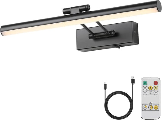 JUSHENG Dimmable Black Picture Light Battery Operated 16'' Inch, Rechargeable Gallery Light with Swing Arm and Timer Function, Full Metal Wireless Painting Lights for Display, Artwork, Canvas