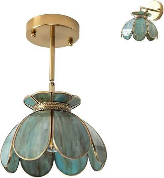 Mini Brass Semi Flush Mount Ceiling Light, Wall or Celing 2-Way Mounted Light Fixture, Vintage Flower for Kitchen Island, Dining Room, Living Room, Vanity Sconces. UL Listed, Blue-green Mixed