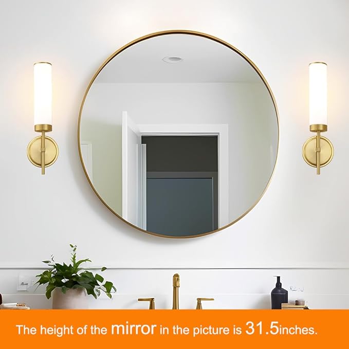 Gold Wall Sconces Set of 2, Modern Bathroom Sconces Wall Lighting with Opal White Glass, Vanity Light Fixtures for Bathroom, Brushed Brass Wall Mount Lights for Living Room Bedroom Hallway, Hardwired