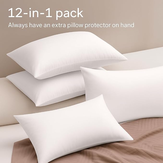 Ultra Soft Pillow Protectors with Zipper Queen Size - Set of 12 Breathable Pillow Covers - 100% Protection Against Stains, Dust & Dirt - Machine Washable (White)