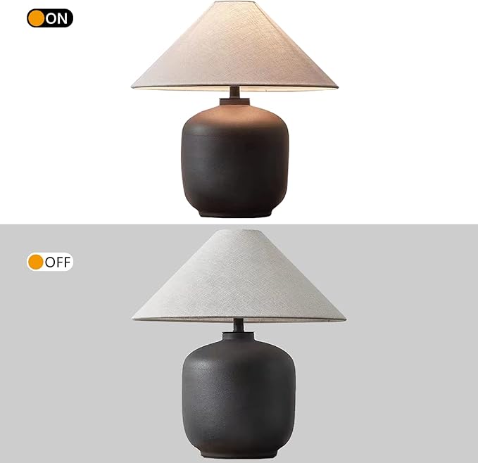 PURESILKS Modern Minimalist Table Lamps, Rustic Farmhouse Ceramic Table Lamp, 16.53" Tall Desk Lamp with Off-Black Linen Drum Lampshade Decor for Living Room Bedroom Bedside Nightstand (Black)