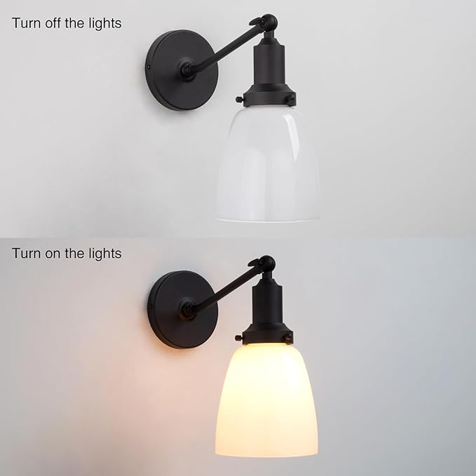 PERMO Industrial Vintage Slope Pole Single Sconce with 5.5" Oval Dome White Glass Shade Black Wall Sconce Wall Mount Light Lamp Fixture