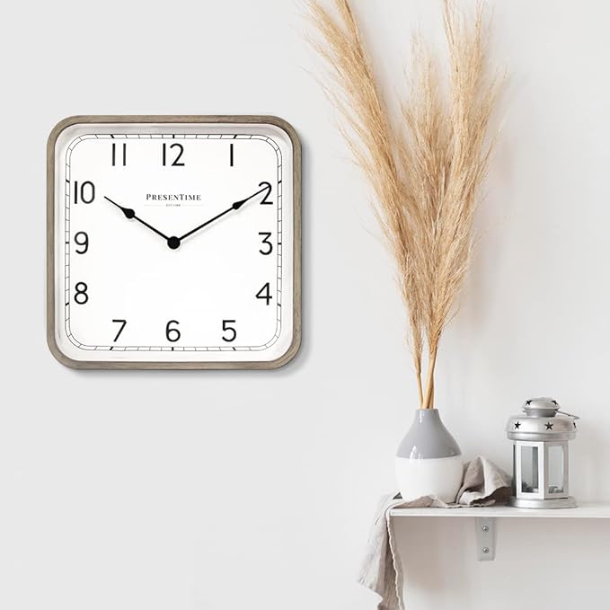 Presentime & Co. 16" Anton Modern Farmhouse Square Clock, Silent No Ticking, Wall Art and Timepiece for Home Decoration/Wall Décor, Light Gray Oak Color