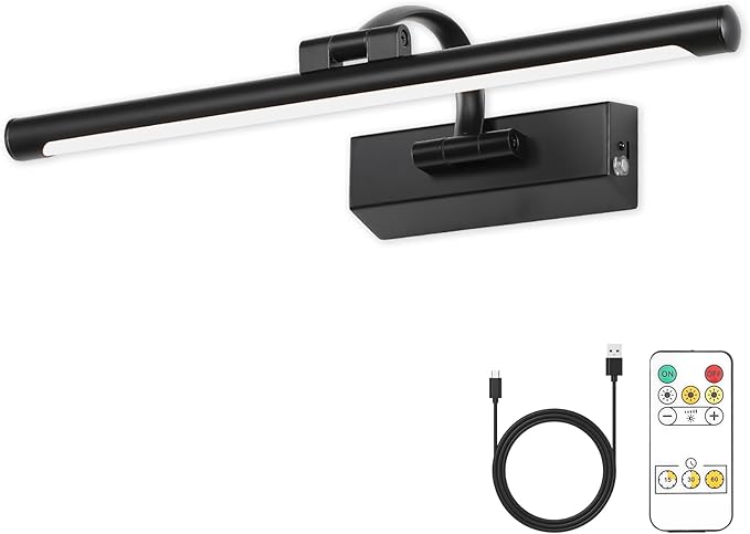 JUSHENG Black Picture Light Battery Operated 15.75'' Inch, Rechargeable Gallery Lighting with Swing Arm and Dimmable Function, Full Metal Wireless Painting Lights for Display, Portrait, Artwork 3W