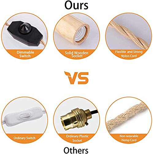 Arturesthome Industrial Pendant Light Cord with Dimmable Switch, 9.8FT Vintage Hanging Light Plug in Lamp Cord with Twisted Nylon Rope Lights Socket E26 E27 for Farmhouse Lamp Cable Retro DIY