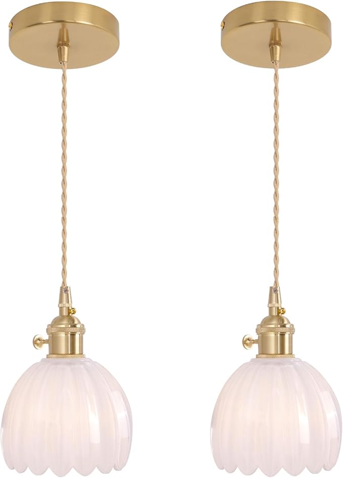 Mini Pendant Light 2 Pack with White Tulip Glass Lmapshade, Brass Vintage Pendant Light Adjustable Hanging Light for Kitchen Island Dining Room Hallway