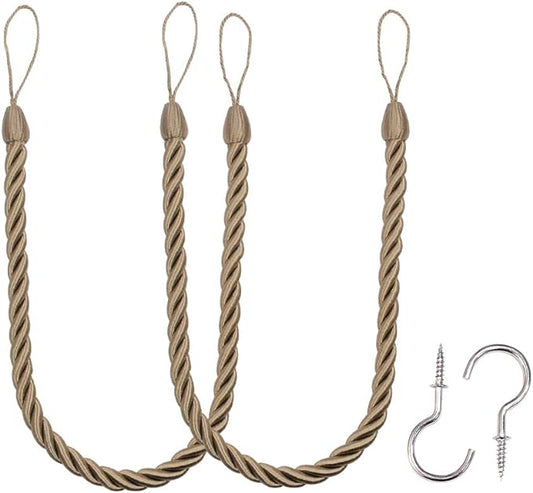 BEL AVENIR Curtain Handmade Tiebacks Ropes, Holdbacks with 2 Metal Screw Hooks - Flaxen 2 Pack