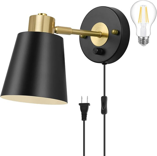 Plug in Wall Sconce, Dimmable Wall Sconce Adjustable Wall Lights with Plug in Cord and Dimmer On/Off Rotary Switch, Wall Mounted Light for Bedside Bedroom Doorway(One Bulb Included)